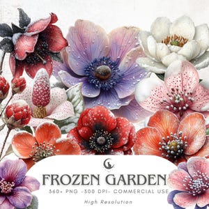 以下が含まれることがあります： 赤、紫、ピンク、白など様々な色の水彩画の花のコレクション。雪が積もっています。画像には「FROZEN GARDEN」の文字が含まれています。