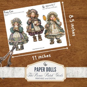 May include: A sheet of paper dolls titled "The Picnic Patch Girls," featuring three vintage-style illustrations of girls in dresses. The sheet measures 28 cm wide and 22 cm tall. The text "Fussy Cuts" is visible.