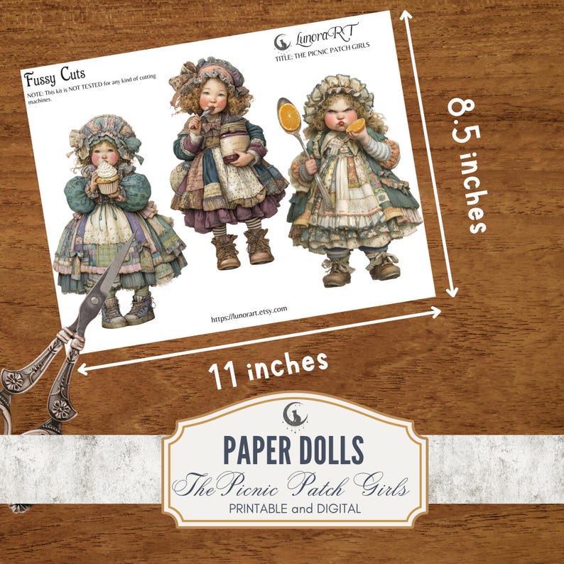 May include: A sheet of paper dolls titled "The Picnic Patch Girls," featuring three vintage-style illustrations of girls in dresses. The sheet measures 28 cm wide and 22 cm tall. The text "Fussy Cuts" is visible.