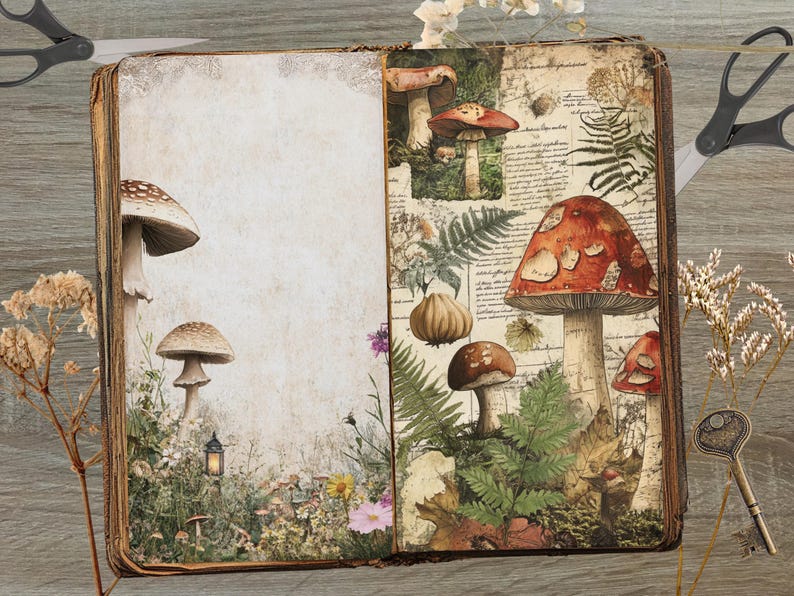 May include: Open book with vintage-style illustrations of mushrooms, ferns, and other plants. The pages have a distressed, aged appearance, with a blank page and a page with text. A key and scissors are on the wooden surface.