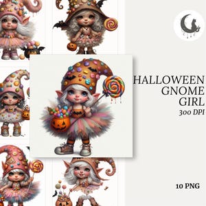Halloween Candy Gnome meisje clipart PNG transparante achtergrond schattig spookachtig kostuum zoete lekkernijen grillige herfst afdrukbare commercieel gebruik