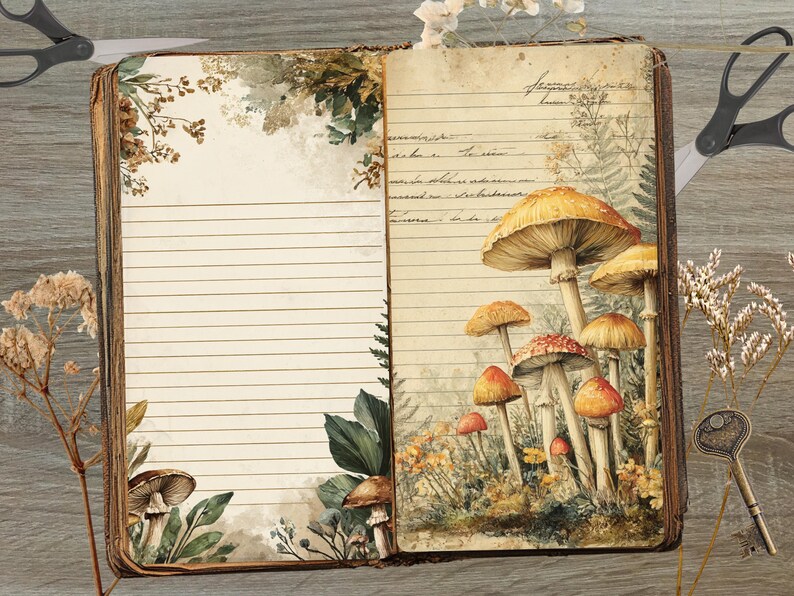 May include: Open vintage book with lined pages and mushroom illustrations. The right page features a cluster of orange and red mushrooms. The left page has botanical illustrations. Scissors and a key are on the wooden surface.