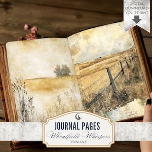May include: An open journal displaying two pages with a wheat field landscape print. The left page features tall grasses and a distant tree, while the right page shows a golden field with a wooden fence. Text on the image reads DIGITAL DOWNLOAD YOUR PRINT and JOURNAL PAGES Wheatfield Whispers PRINTABLE.