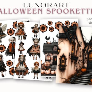 Pode incluir: Quatro ilustra&ccedil;&otilde;es com tema de Halloween. As imagens incluem bonecas assustadoras, flores decorativas e uma casa assombrada. O texto "LUNORART" e "HALLOWEEN SPOOKETTES" s&atilde;o exibidos na parte superior. A frase "preview of the book" tamb&eacute;m &eacute; vis&iacute;vel.