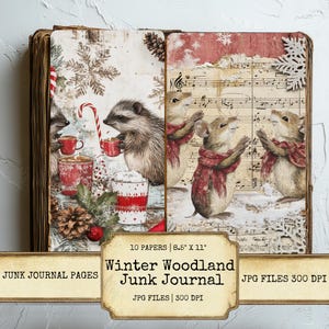 Woodland Animal Winter Christmas Junk Journal Pages Printable Set Rustic Holiday Ephemera Digital Paper for Scrapbooking Collage Crafts JPG