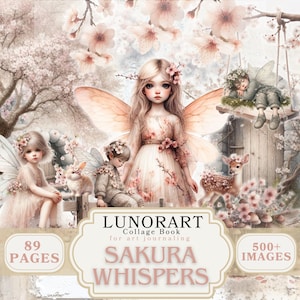Pacote de itens efêmeros de fadas da primavera com flores de cerejeira, livro de colagem digital, fundo floral caprichoso, corte e colagem para impressão para projetos de arte