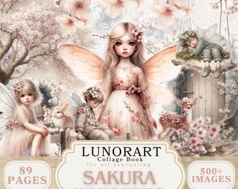 Cherry Blossom Spring Fairies Ephemera Bundle Digital Collage Book Whimsical Floral Background Cut and Collage Printable for Art Projects