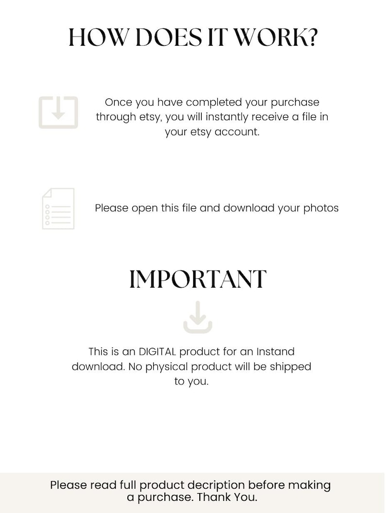 May include: White background with text explaining how a digital product works. The text includes "HOW DOES IT WORK?" and "IMPORTANT". It also states that the product is a digital download and no physical product will be shipped.