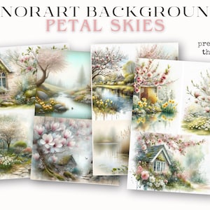 May include: A collection of watercolor art prints titled "Petal Skies" featuring serene landscapes with blooming trees, cottages, and reflective water scenes. The prints showcase soft pastel colors and a dreamy aesthetic, with the text "LUNORART BACKGROUNDS" and "PETAL SKIES".