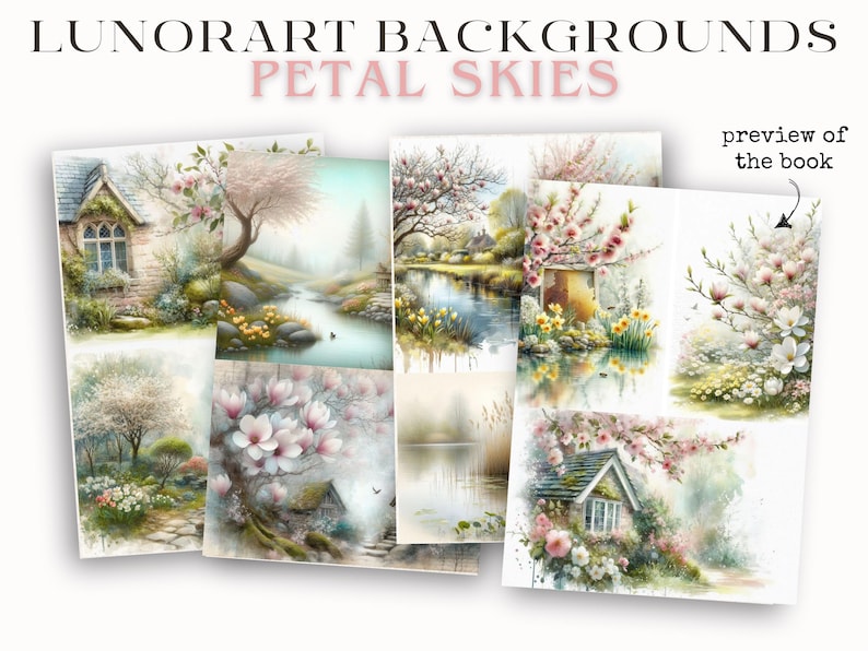 May include: A collection of watercolor art prints titled "Petal Skies" featuring serene landscapes with blooming trees, cottages, and reflective water scenes. The prints showcase soft pastel colors and a dreamy aesthetic, with the text "LUNORART BACKGROUNDS" and "PETAL SKIES".