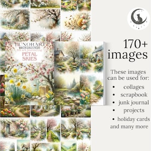 May include: A collection of watercolor images featuring floral and landscape scenes. The images include cottages, trees, and flowers. Text on the image reads "LUNORART BACKGROUNDS PETAL SKIES" and "170+ images". The images can be used for collages, scrapbooks, and more.