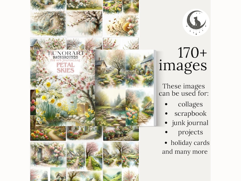 May include: A collection of watercolor images featuring floral and landscape scenes. The images include cottages, trees, and flowers. Text on the image reads "LUNORART BACKGROUNDS PETAL SKIES" and "170+ images". The images can be used for collages, scrapbooks, and more.