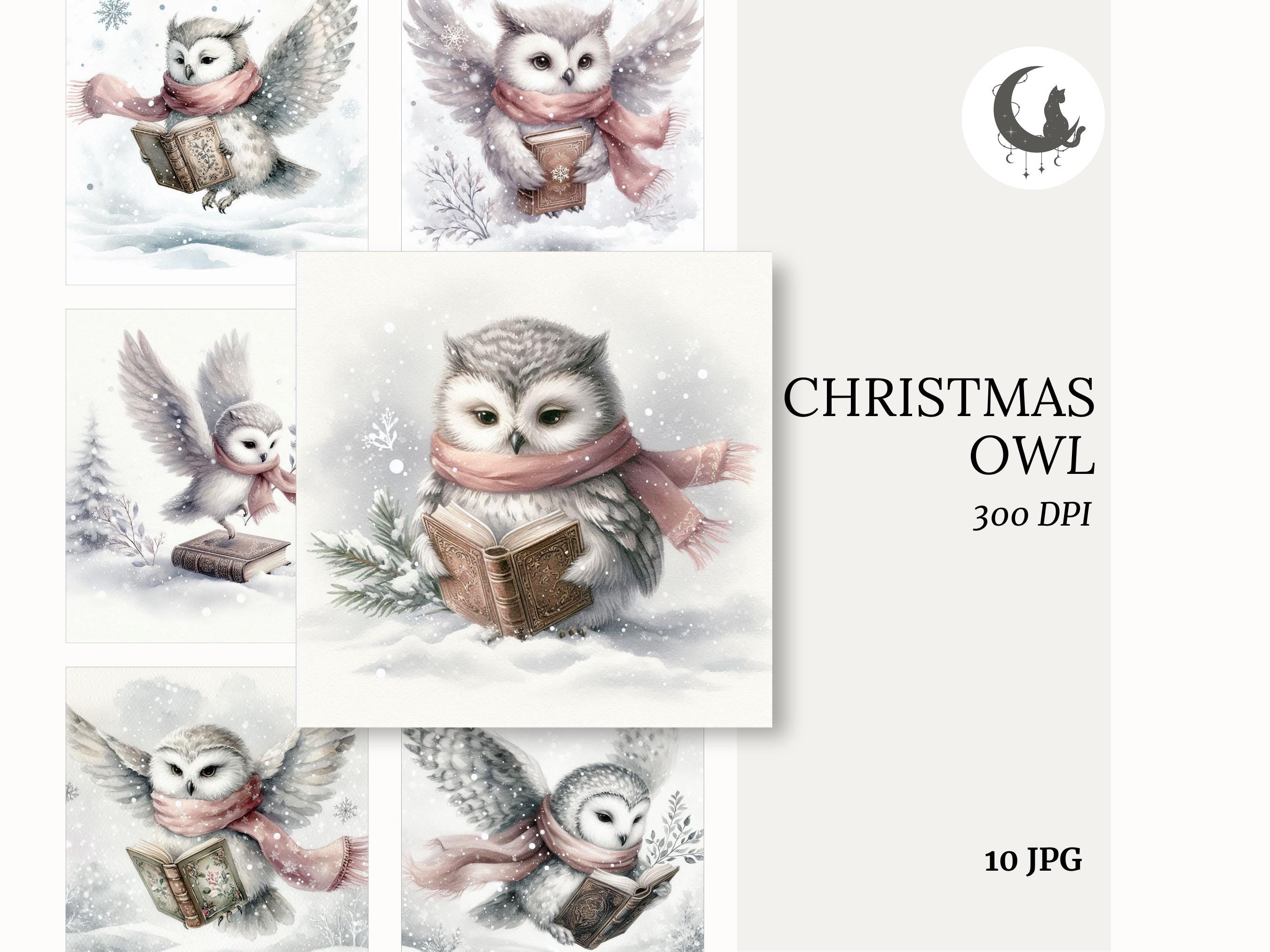 Christmas Owl Watercolor Ephemera Junk Journal Paper Crafting Clipart Holiday Card Element Winter Co
