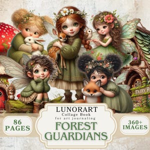 Op de afbeelding: Digitale illustratie van bosfeeën met dieren, paddenstoelen en een huisje. De afbeelding bevat de tekst "Forest Guardians" en "86 Pages". De feeën dragen groene jurken en hebben bloemenkransen.