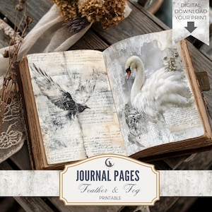 Feather and Fog Junk Journal Pages White Aesthetic Scrapbooking Printables Soft Feather Ephemera Digital Paper Rustic Collage Kit Download
