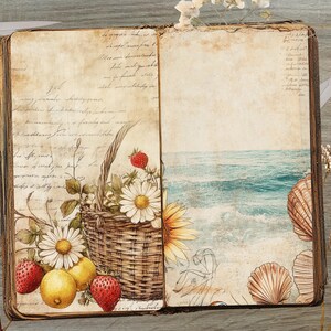 May include: An open vintage journal with a hand-painted illustration of a basket of fruit, flowers, and seashells. The background features a watercolour painting of a beach scene with ocean waves.