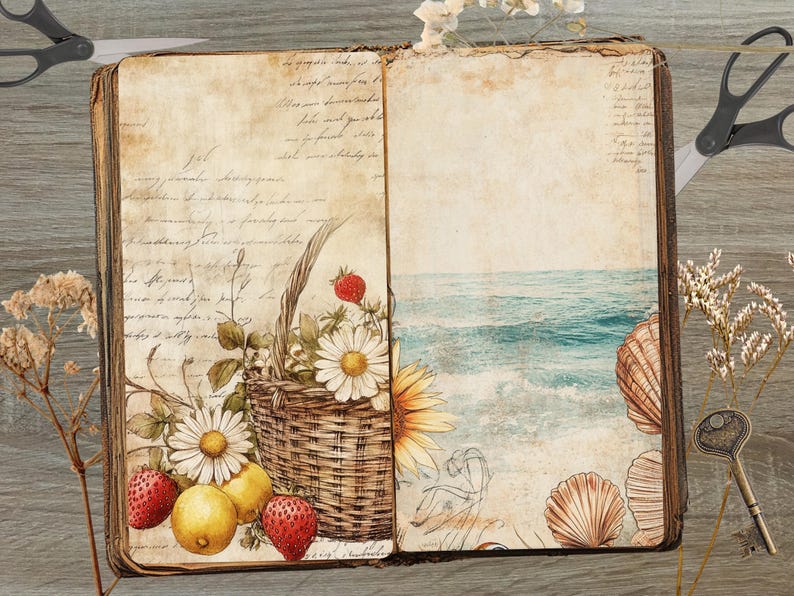 May include: An open vintage journal with a hand-painted illustration of a basket of fruit, flowers, and seashells. The background features a watercolour painting of a beach scene with ocean waves.