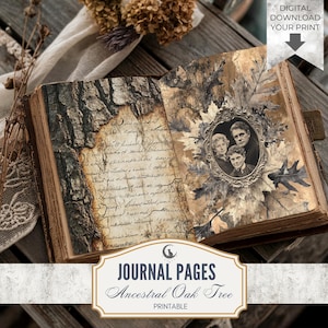 Ancestral Oak Tree Genealogy Junk Journal Pages, Family History Ephemera, Rustic Ancestry Scrapbook Digital Paper Autumn Woodland Theme