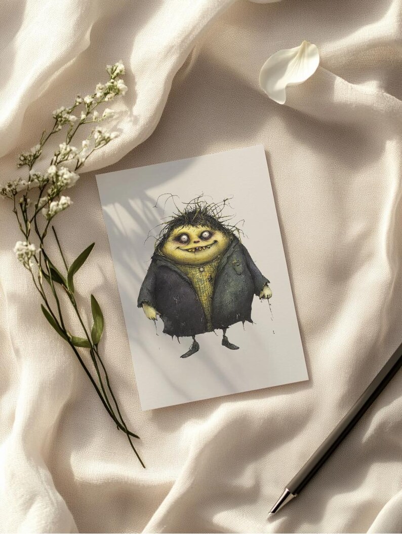 May include: A whimsical illustration of a creature with yellow skin, spiky black hair, and a dark coat. The artwork is on a white card, set against a soft, white fabric with a sprig of white flowers and a black pen.