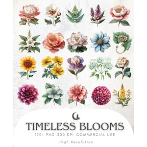 May include: A collection of watercolor floral illustrations in various colors, including pink, yellow, purple, and blue. The image features a variety of flower types, such as peonies, dahlias, and sunflowers. Text at the bottom reads "Timeless Blooms" and "High Resolution".