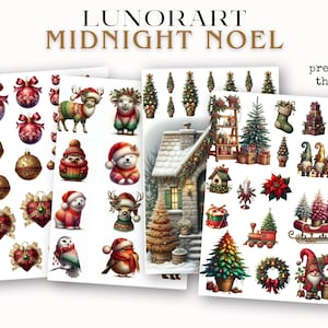 Puede incluir: Impresi&oacute;n de arte digital con ilustraciones navide&ntilde;as. La imagen incluye varios elementos festivos como adornos, animales con gorros de Pap&aacute; Noel, una caba&ntilde;a, &aacute;rboles de Navidad y gnomos. El texto "LUNORART MIDNIGHT NOEL" se muestra en la parte superior.