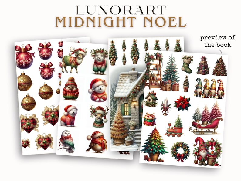 Puede incluir: Impresi&oacute;n de arte digital con ilustraciones navide&ntilde;as. La imagen incluye varios elementos festivos como adornos, animales con gorros de Pap&aacute; Noel, una caba&ntilde;a, &aacute;rboles de Navidad y gnomos. El texto "LUNORART MIDNIGHT NOEL" se muestra en la parte superior.