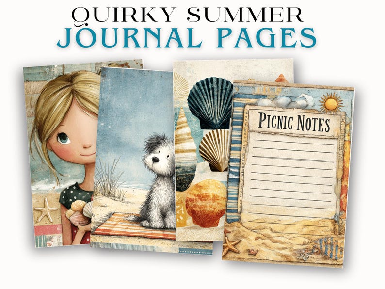 Summer Beach Quirky Junk Journal Pages JPG Coastal Coral Starfish Lemon ...