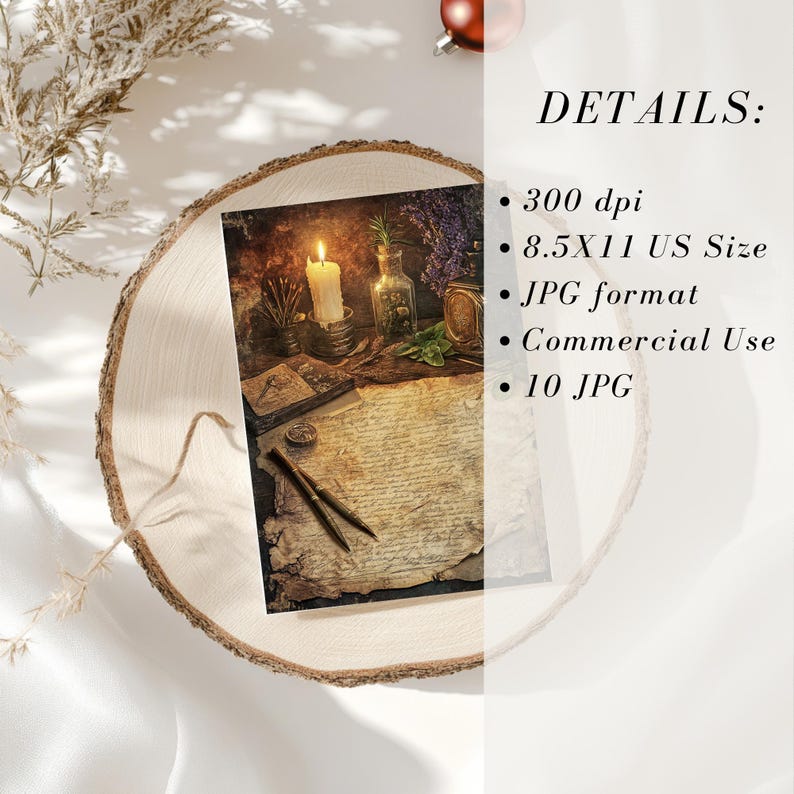 May include: A vintage-style print featuring a lit candle, old books, and a scroll with a quill pen. The image includes a glass bottle with herbs and the text "DETAILS:" with specifications like "8.5X11 US Size" and "Commercial Use".