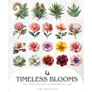 May include: A collection of watercolor floral and botanical illustrations in various colors, including pink, yellow, and purple. The image includes the text "Timeless Blooms" and "170+ PNG-300 DPI-COMMERCIAL USE".