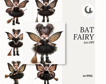 Bat Fairy Halloween Clipart PNG Transparent Background Whimsical Dark Wings Costume Fall Girl Magical Night Creature Commercial Use Download