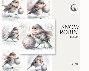 Snow Robin Watercolor Whimsical Ephemera Woodland Animal Junk Journal Paper Crafting Clipart Holiday Card Element Winter Collage Book