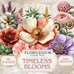 Paquete de plantas y flores botánicas efímeras, libro de collage digital de arte floral, imprimibles de naturaleza caprichosa para proyectos de manualidades.