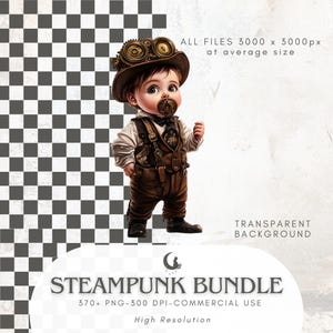 May include: A digital illustration of a baby dressed in steampunk attire. The baby wears a brown hat with goggles, a brown vest, and suspenders. The image includes the text "STEAMPUNK BUNDLE" and "TRANSPARENT BACKGROUND".