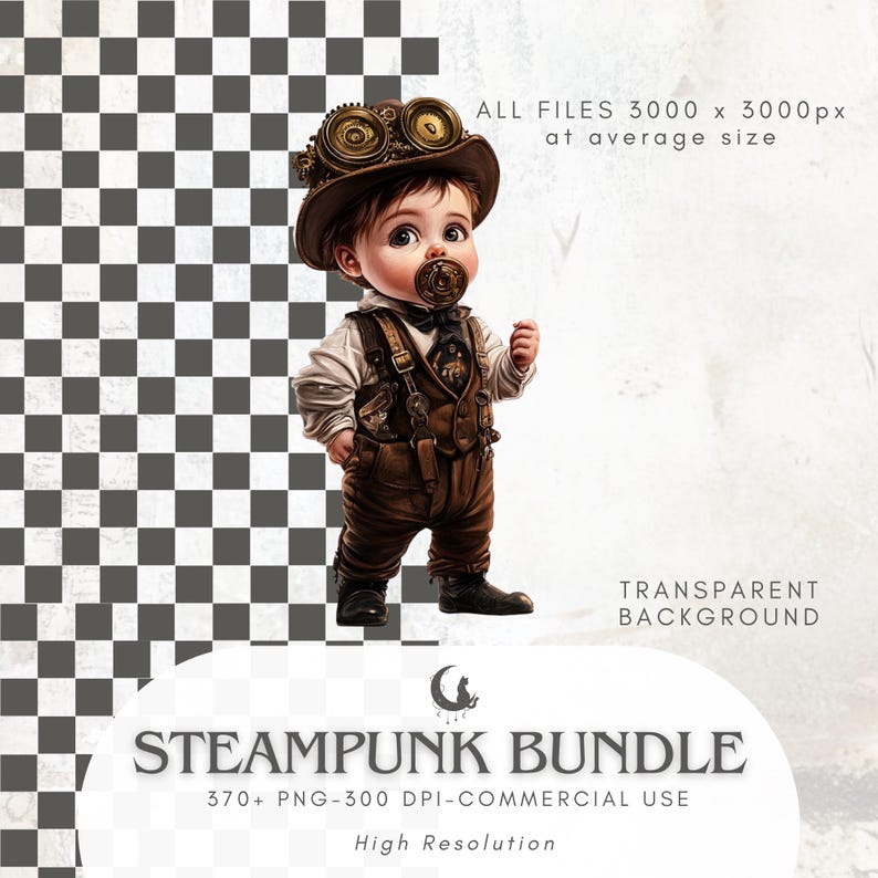 May include: A digital illustration of a baby dressed in steampunk attire. The baby wears a brown hat with goggles, a brown vest, and suspenders. The image includes the text "STEAMPUNK BUNDLE" and "TRANSPARENT BACKGROUND".