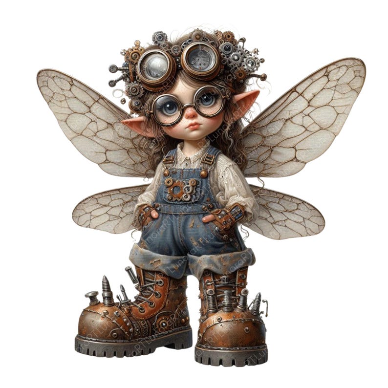 May include: A whimsical steampunk fairy illustration. The fairy wears a denim overall, a white shirt, and large, detailed brown boots. The fairy has large, detailed wings, round glasses, and a headpiece with gears and goggles. The overall theme is fantasy and steampunk.