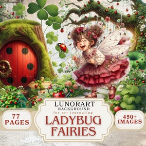 May include: A colourful illustration of a fairy with butterfly wings, wearing a red and white dress, surrounded by ladybugs and flowers. The image includes a red door, a tree, and text that reads "LADYBUG FAIRIES" and "450+ IMAGES".