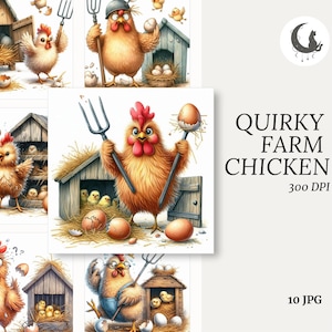 Schruiges Huhn auf dem Bauernhof Clipart Set mit 10 hochwertigen 300 dpi JPGs Lustige Landtiere Kunst für Scrapbooking Karten Handwerk Digitaler Download