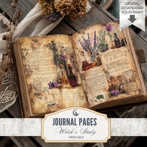 Puede incluir: Diario abierto con páginas envejecidas con ilustraciones de hierbas, flores y botellas de pociones. El texto "JOURNAL PAGES Witch's Study PRINTABLE" se muestra en una pancarta. La imagen también incluye el texto "DIGITAL DOWNLOAD YOUR PRINT".