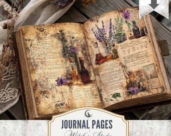 May include: Open journal with aged pages featuring illustrations of herbs, flowers, and potion bottles. The text "JOURNAL PAGES Witch's Study PRINTABLE" is displayed on a banner. The image also includes the text "DIGITAL DOWNLOAD YOUR PRINT".