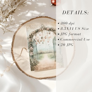 May include: A digital download of 20 printable images featuring a whimsical garden scene with a floral archway and hanging ornaments. The images are 8.5x11 inches and 300 dpi, perfect for crafting and commercial use.