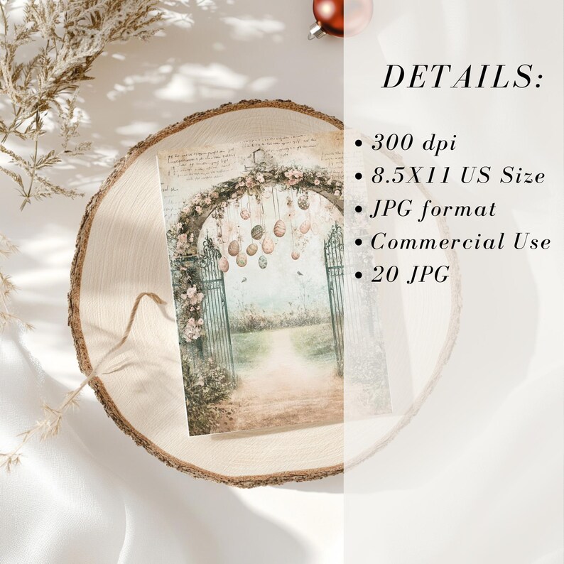 May include: A digital download of 20 printable images featuring a whimsical garden scene with a floral archway and hanging ornaments. The images are 8.5x11 inches and 300 dpi, perfect for crafting and commercial use.