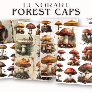 May include: A collection of colorful mushroom illustrations, featuring red and white toadstools, orange and yellow mushrooms, and a purple mushroom. The illustrations are arranged in a collage style, with some mushrooms overlapping others. The illustrations are set against a background of vintage paper and foliage.