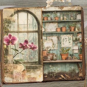 May include: A vintage-style illustration of an open book with a garden theme. The left page features a window with pink orchids, while the right page depicts a potting shed with shelves of plants and gardening tools. The color palette includes muted greens, browns, and pinks.