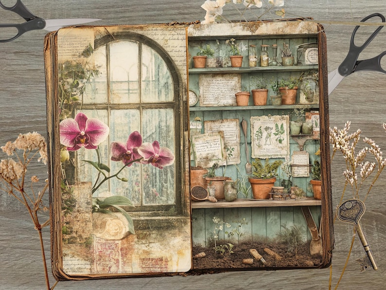 May include: A vintage-style illustration of an open book with a garden theme. The left page features a window with pink orchids, while the right page depicts a potting shed with shelves of plants and gardening tools. The color palette includes muted greens, browns, and pinks.