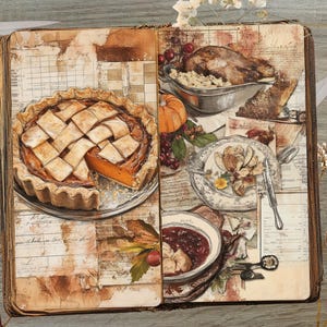 May include: An open book illustration featuring a pumpkin pie with a lattice crust, a roasted turkey, and other dishes. The artwork has a vintage aesthetic with a warm color palette, evoking a sense of a Thanksgiving feast.