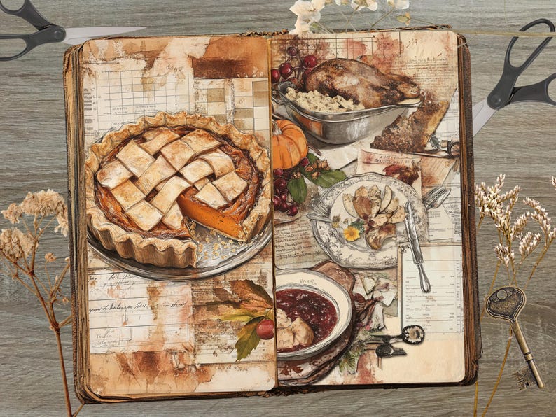 May include: An open book illustration featuring a pumpkin pie with a lattice crust, a roasted turkey, and other dishes. The artwork has a vintage aesthetic with a warm color palette, evoking a sense of a Thanksgiving feast.
