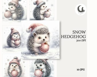 Snow Hedgehog Watercolor Whimsical Ephemera Woodland Animal Junk Journal Paper Crafting Clipart Holiday Card Element Winter Collage Book