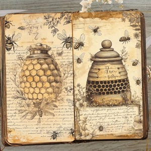 Puede incluir: Un libro vintage abierto con p&aacute;ginas llenas de texto escrito a mano e ilustraciones de abejas y panales. El libro est&aacute; abierto en dos p&aacute;ginas, cada una con un dibujo detallado de un tarro de miel con un dise&ntilde;o de panal. El texto en las p&aacute;ginas dice "Bees Wax" y "Country".