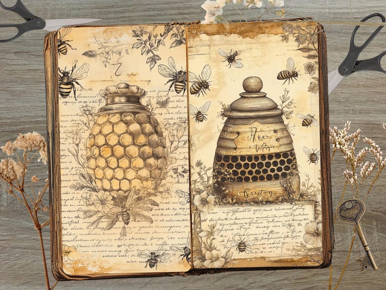 Puede incluir: Un libro vintage abierto con p&aacute;ginas llenas de texto escrito a mano e ilustraciones de abejas y panales. El libro est&aacute; abierto en dos p&aacute;ginas, cada una con un dibujo detallado de un tarro de miel con un dise&ntilde;o de panal. El texto en las p&aacute;ginas dice "Bees Wax" y "Country".