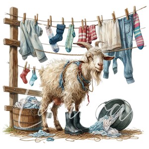 K&ouml;nnte beinhalten: Aquarellillustration einer Ziege vor einer W&auml;scheleine mit Kleidung und Socken. Die Ziege tr&auml;gt Stiefel und ein Geschirr. Ein Holzeimer und ein Metalleimer stehen auf dem Boden.